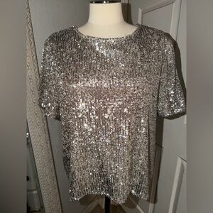 Gianni Bini Silver Sequin Short Sleeve Crewneck Top